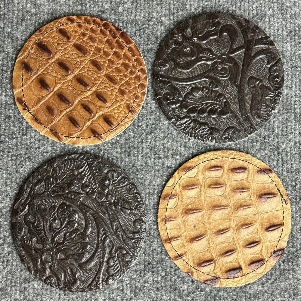 Hand crafted hand cut 4” embossed genuine leather coasters set of 4 tooled croc